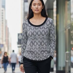 FRANK LYMAN Sheer Back Black & White Geometric Button Down Formal Blouse Sz S-M